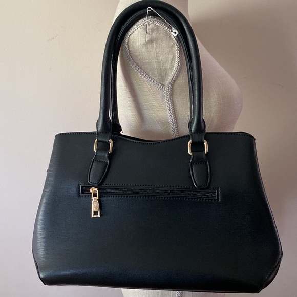 Vintage black PU woman’s tope hand bag with gold tone trim outside zip pocket - Picture 3 of 17